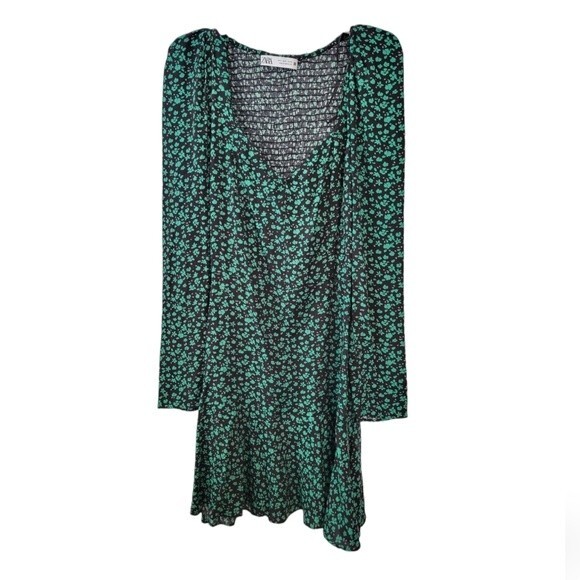 Zara Black & Green Ditzy Floral Print Long Sleeve Mini Dress Size Small - Picture 1 of 7